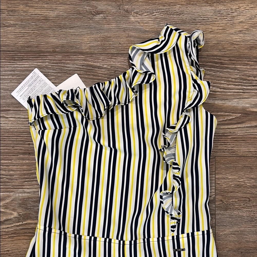 Liu Jo Yellow and Navy Striped One-Shoulder Jumpsuit
